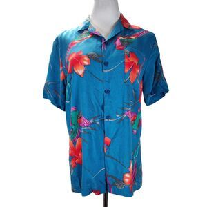 Vintage 80s Blue Jungle Bird Hawaiian Shirt Size M Floral Print Big Sur Rayon